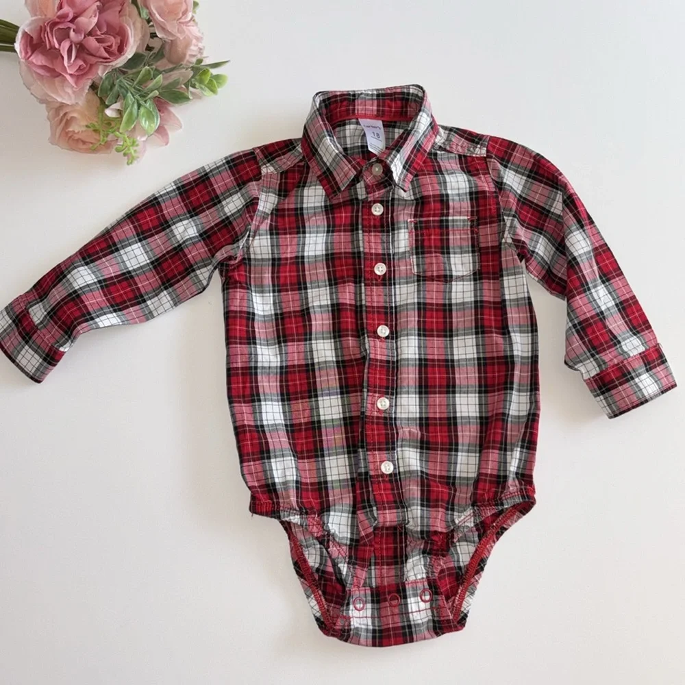 Carter’s 18M Long Sleeve Button Down Shirt Bodysuit snap bottom 18M Christmas